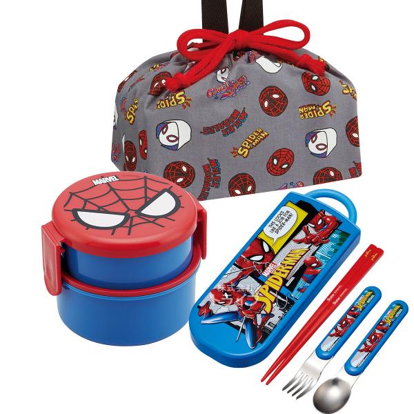 スパイダーマン 丸型ランチボックス2段 フォーク付 トリオ 巾着セット
