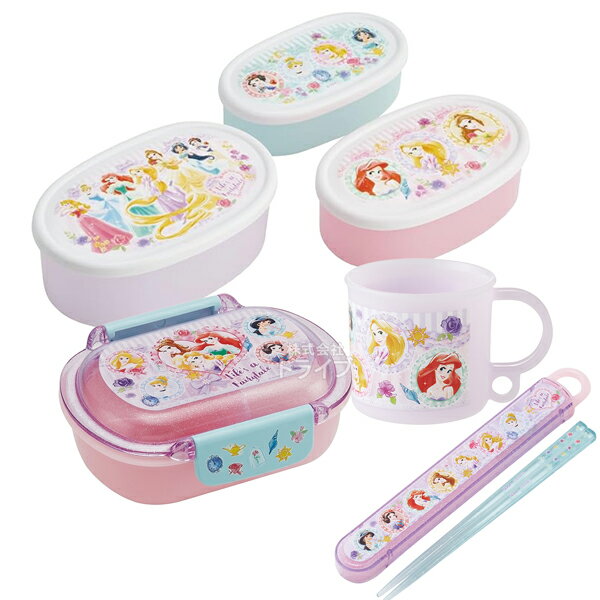 儿童饭盒 - ディズニー プリンセス 26 お買得4点セット 洗いやすいお弁当箱 360ml 箸＆箸箱 コップ シール容器3個入セット