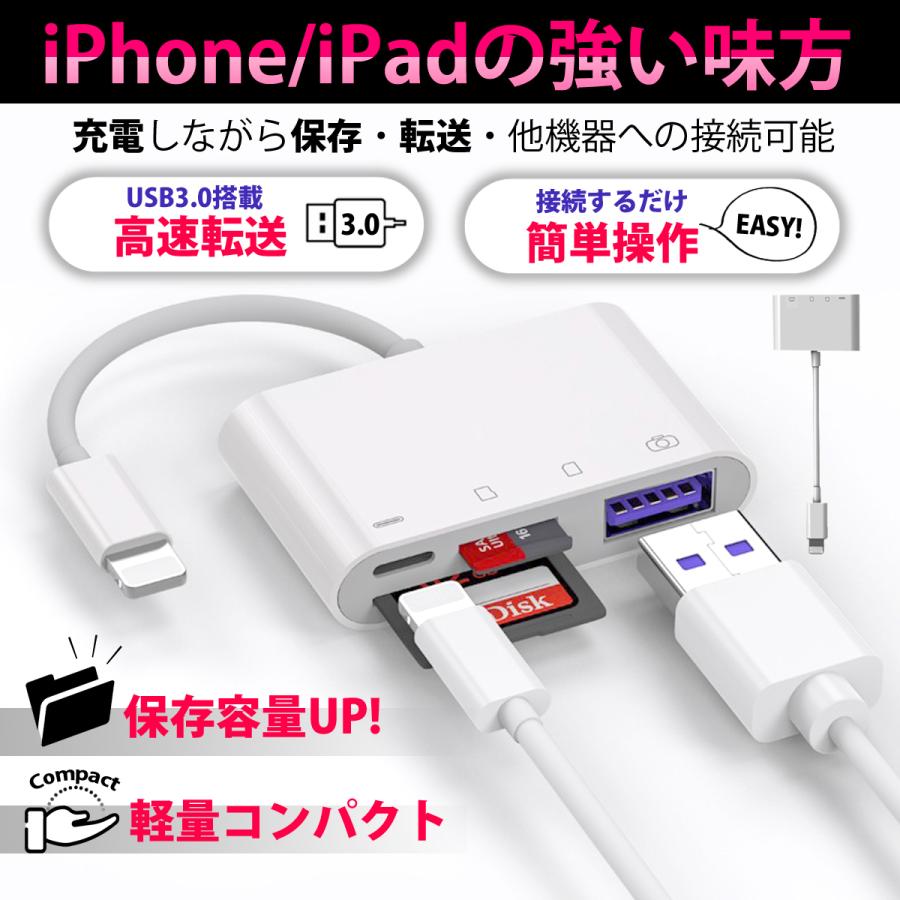 【早い者勝ち！最大2,000円OFFクーポン】カードリーダー iphone usb3.0 sd lightning cf 保存 バックアップ ipad 4in1 microSD データ転送 写真 動画