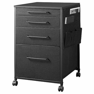 YeTom デスクワゴン キャビネット サイドチェスト オフィスワゴン 布製 袖机 サイドワゴン 4段 A4対応 大容量 キャスター付き デスク下収納 幅400*奥行400*高さ650mm ?子 黒い
