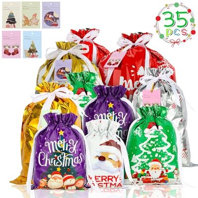 Desing Wish 35個袋 + 35個のカード - クリスマス ラッピング 袋 巾着デザイン クリスマス プレゼント 袋 35枚のギフトカード付き クリスマス 袋 クリスマス 巾着袋 プレゼント用 キャンディ (5サイズ、7パターン)