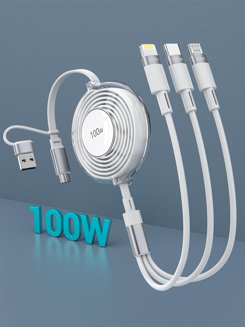 【100W/2024新設計】充電ケーブル 巻き取り 3in2 USB Type C ケーブル【PD対応 100W急速充電】3イン2 充電コード 3台同時充電 超高耐久 LED表示 高速データ転送 iPhone15 充電ケーブル MacBook Pro/iPad Pro/Surface Pro/Asus/Google Pixel/Galaxy等タイプC対応 ホワイト