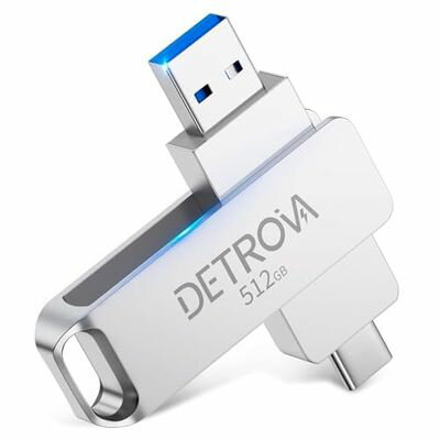 【2024年新登場】DETROVA USBメモリ 512GB 2-IN-1 USB3.0 Type-C メモリー 大容量フラッシュメモリ 外付け 容量不足解消 小型 360度回転式 スマホ用 Mac Windows PC Pad対応 合金製 防水 防塵 耐衝撃 携帯便利