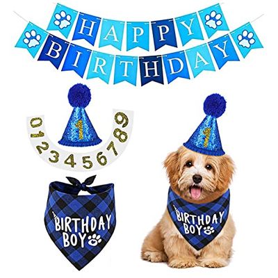 犬 バースデー 誕生日 スタイ ペット 飾り付け 猫 誕生日帽子 バンダナ 風船 バナー ペットグッズ おしゃれ 記念日 メモリアル パーティー飾り （ブルー）