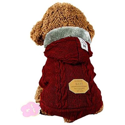 SEHOOペット服 セーター 犬服 秋冬 加絨 厚い ドッグウェア パーカー 小中型犬 防寒（レッド、S）