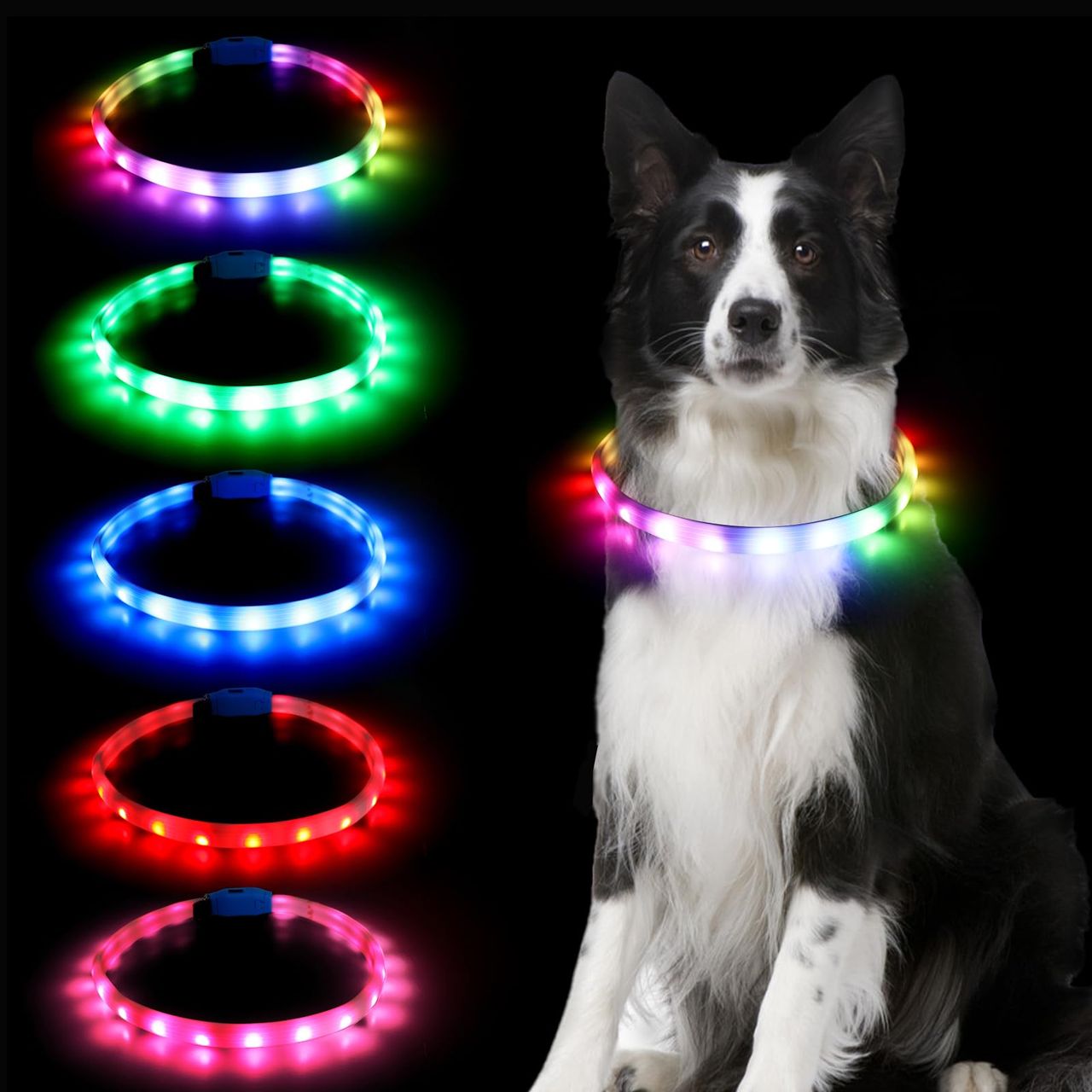 Sazuik 犬 光る首輪 12つ発光モード 多色発光 ペット LED首輪 USB充電式 サイズ調整可能 装着簡単 柔らかい 犬 猫 夜散歩ライト 軽量 安全対策 視認性 小型 中型 大型犬 (ホワイト)