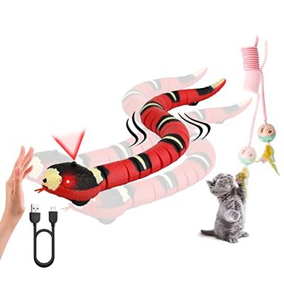 Dopet 動くおもちゃ 電動 猫おもちゃ 2点セット 猫じゃらし 羽のおもちや 鈴付き ボール 弾力ばね ヘビ おもちゃ 電気ヘビ 蛇 おもちゃ USB充電式 運動不足 肥満解消 ストレス解消 クリスマスプレゼント リアルな移動式のヘビ 動く スマート誘導 回避 動物モデル ハロウ