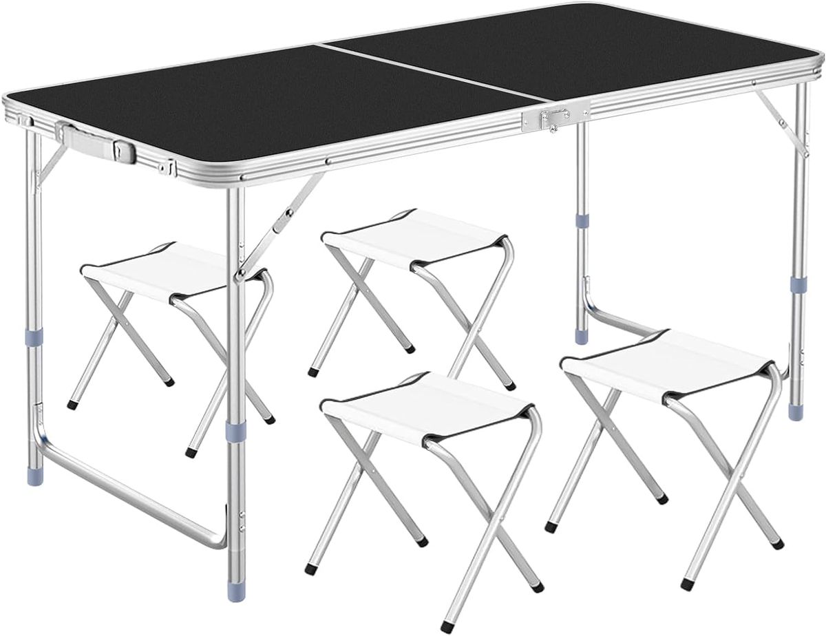 アウトドア テーブル キャンプ テーブル 折りたたみ 高さ3段階調整可能 120×60×(55-62-70)cm ピクニック レジャー キャンプ用 LK (ブラック-椅子4個付き)