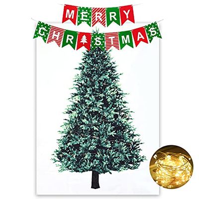 クリスマスツリー タペストリー 150x100 cm & Merry Christmas ガーランド & 30LEDライト セット 取り付けツール付き 省スペース 壁掛け Xmas decoration Christmas tree クリスマス 飾り インスタ映え