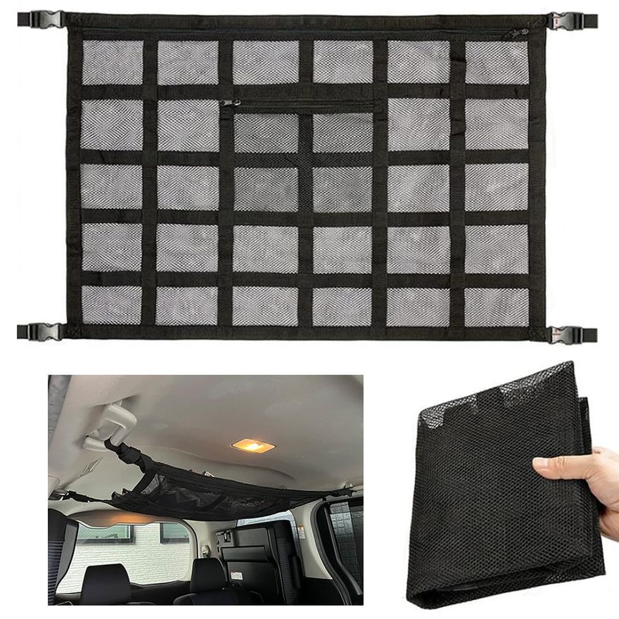 Temiry 車内天井収納 ネット 80*54cm 荷物落下防止 車用収納ネット 2層タイプ ファスナー付き ルーフネット車 収納便利 ポケット付き 荷物固定ネット バックル固定 調整可能 荷物収納ネット カーゴネット ブラック