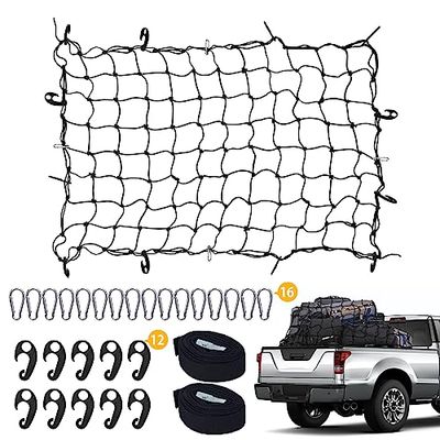 商品情報商品の説明GOCARYO カーゴネット車 120×180cm ラゲッジネット 荷締めベルト付き(3m×2本) ABSフック×12 アルミニウムカラビナ×16ルーフネット 荷物落下防止 荷崩れ防止 天井 ネット 網 ゴムネット 伸縮性 収納主な仕様 【高品質のカーゴネット】線径5mmの極太ゴムで重量物もがっちり固定でき、百均のものより耐久性も耐摩耗性も抜群で、コンテナやテントなどの固定に最適です。カーゴネットはラテックスやゴムを使用しているため、独特のにおいがすることがあります。風通しの良い場所で乾燥させるか、手洗いすることで臭いが劇的に軽減されますので、お試しください。br【2倍伸縮可能】このゴムネットだけでも十分な耐久性を確保しています。網目(10×10cm)で、カーゴネットは200％の伸縮性でネット120×180cmは240×360cmまで伸縮可能です.すごい収納力を備え、容量以上に収納、大きな荷物が崩れずに搭載、バッゲージなどの転倒、落下を防止し、しっかり固定、保護できます。br【高耐久で最適長3mの荷締めベルト】ベルトは安心の3mで、お客様の声を元に設計された長さを是非お試しください。幅は2.5cmで耐荷重は安心の200kg。荷崩れや摩擦を最低限に抑え、貴方の大事な荷物をしっかりと固定しましょう。2本付属しておりますので、合わせて6mの1本としてのご利用も可能です。br【多種用途に適応するカラビナ＆フック】アルミ合金製のDリング(16個)とABS製2WAYフック(12個)が付属、丈夫で負荷力高く、取り外しも可能、安定性が高いトランクネットです。必要に応じて自由にフックの位置と利用数を調整することが可能。br【幅広い用途に対応】トラックカーゴネットは、かさばったり奇形の貨物を保持するように簡単に設定できます。ピックアップ、トラック、トレーラー、SUV、トヨタタコマ、ATV、UTV、ルーフトップラゲッジラック、カーゴヒッチラック、ボートなどに広く使用されています。