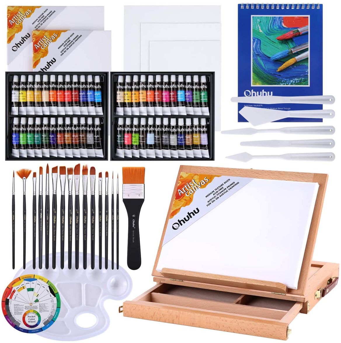 Ohuhu アクリル絵の具 78点セット 画材 絵具 絵画 絵の具セット 白 黒 大人 初心者 男の子 女の子 Acrylic Paint Set 48色 15本筆 1個卓上イーゼル 1本平筆 キャンバス5枚 パレットナイフ5本 1個パレット 1個カラーホイール 1冊画用紙