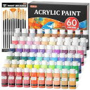 Shuttle Art アクリル絵の具 60本セット 58色(白2本と黒2本入り) 筆12本付き 絵の具セット 大容量 60ml 速乾 耐水 耐久 伸びがいい ...