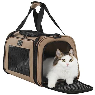 PETSFIT 猫キャリー 犬 キャリー キャリーバッグ 中・大型猫用・小型犬・うさぎ用 折りたたみ 車載/ドライブ/キャンピング/旅行/通院/災害避難用 カーキ Sサイズ