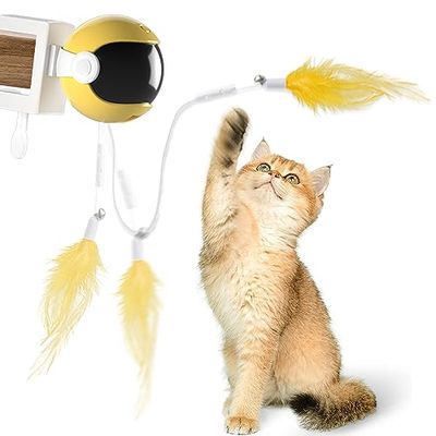 【人気新登場】猫 おもちゃ 自動 猫じゃらし 電動 ボール 自動回転 ペット用品 スピード調整可 一人遊び 寂し 猫狩猟天性満足 猫大興奮 ストレス解消/運動不足対策 取り替えポンポンし付 (イエロー)