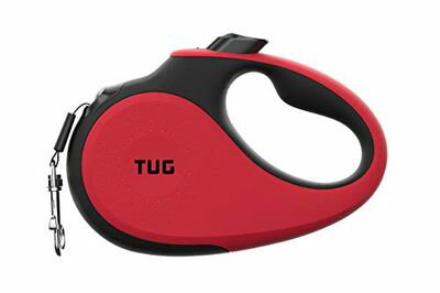 TUG 360°タングルフリー、頑丈引き込み式犬リード、スリップ防止ハンドル付き;5 m 強いナイロンテープ。片手ブレーキ、一時停止、ロック S サイズ レッド