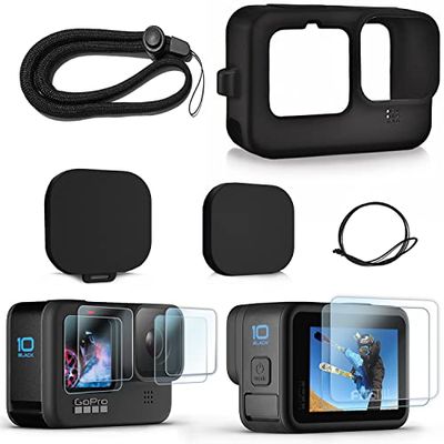 FitStill GoPro HERO 12/HERO 11/HERO 10 / HERO 9 BLACK 専用 シリコンラバーハウジング + 2セット(6個) 強化ガラス保護カバーブラック、ソフトラバースリーブケージタイプケース、レンズカバーストラップアクセサリー付き、Go Pro hero11/ hero10 / hero9 に適していま