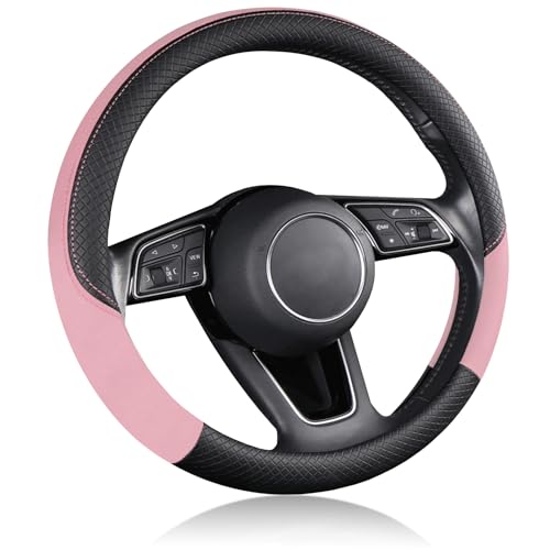 EIING ハンドルカバー 車用 軽自動車 sサイズ 3Dグリップ 滑り止め ステアリングカバー 汎用 おしゃれ 通気性がよい 普通車 ハンドル 保護カバー 高級 内装パーツ 車用品 アクセサリー オールシーズン対応 円形 37～38CM (ピンク)