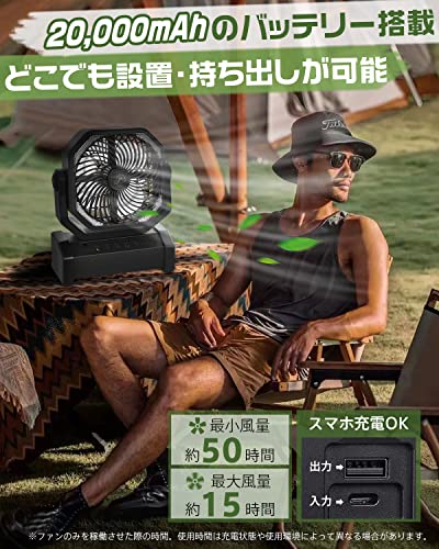 【多機能ファン＆20000mAh充電池内蔵】 キャンプ扇風機 アウトドア扇風機 左右自動首振り 充電式 サーキュレーター 2重反転ファン ポータブル リモコン付き タイマー 風量4段階調節 LEDライト 吊り下げ コードレス パワフル送風 最大約50時間連続使用 防災 キャンプ 車中 thrsparkle-10020412 THRSparkle サンプル画像3