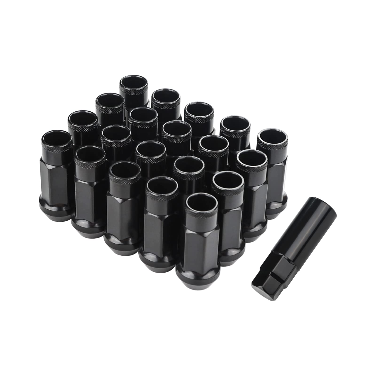 スチール製 ホイールナット タイヤナット レーシングナット ホイールロックナット M12 x P1.5 高さ48mm 20個セット 貫通ナット カラーナット 盗難防止 ロックナット 専用ソケット付き (ブラック)