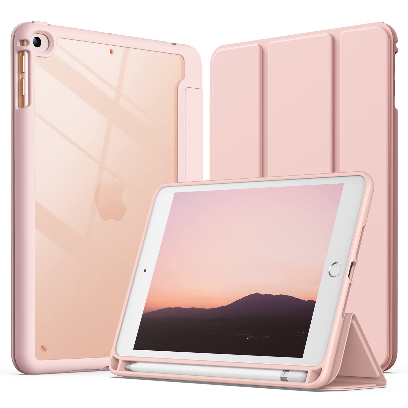 JEDirect iPad mini 5/4 ケース (7.9インチ、2019/2015モデル) Pencil収納可能 透明バックカバー 薄型 スタンド 衝撃吸収 タブレットカバー オートウェイク/スリープ機能 (ローズゴールド)