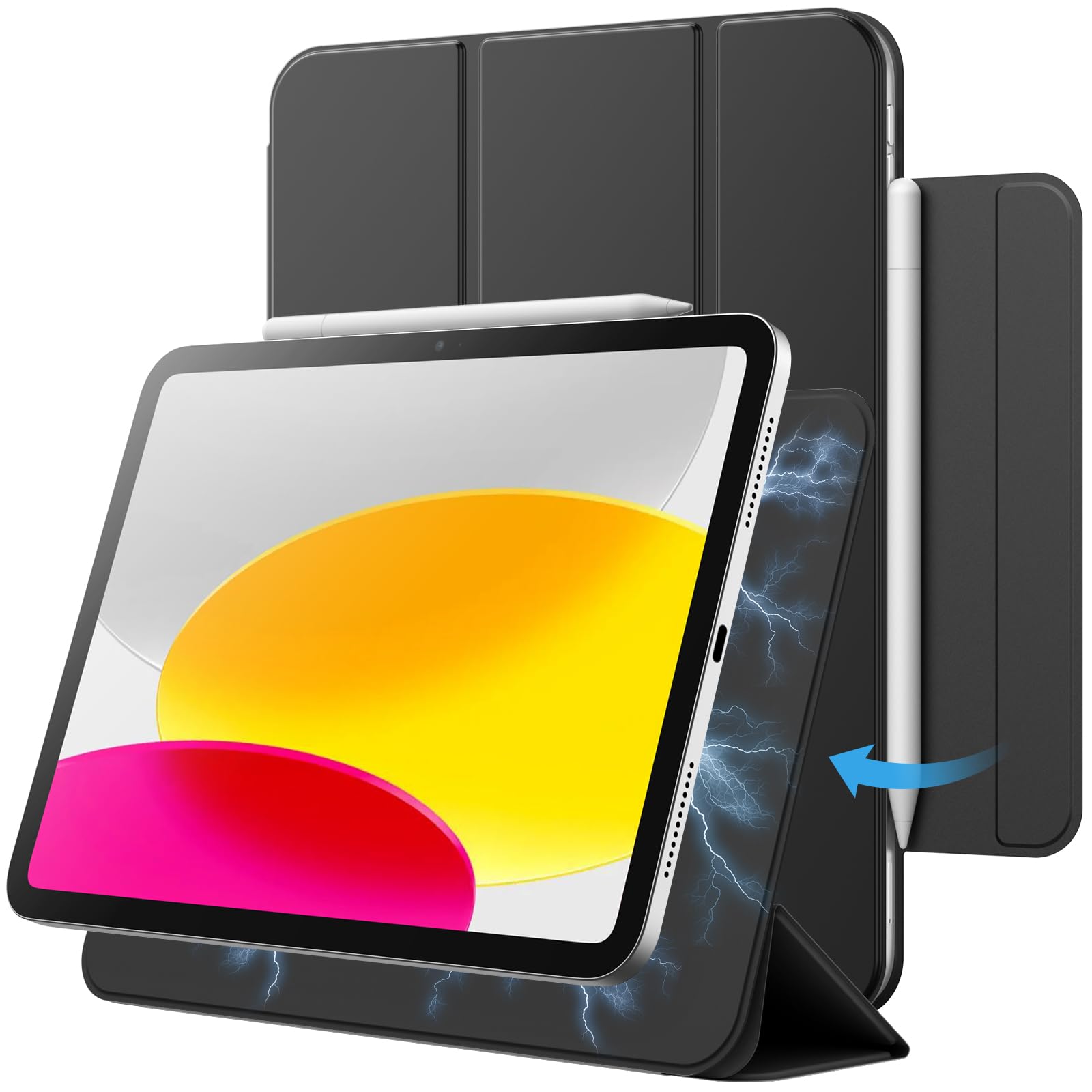 JEDirect iPad 10 ケース（10.9インチ、2022モデル、第10世代用）用マグネットケース 磁気吸着 スリムスマート薄型保護カバー 自動ウェイクアップ/スリープ (ブラック)