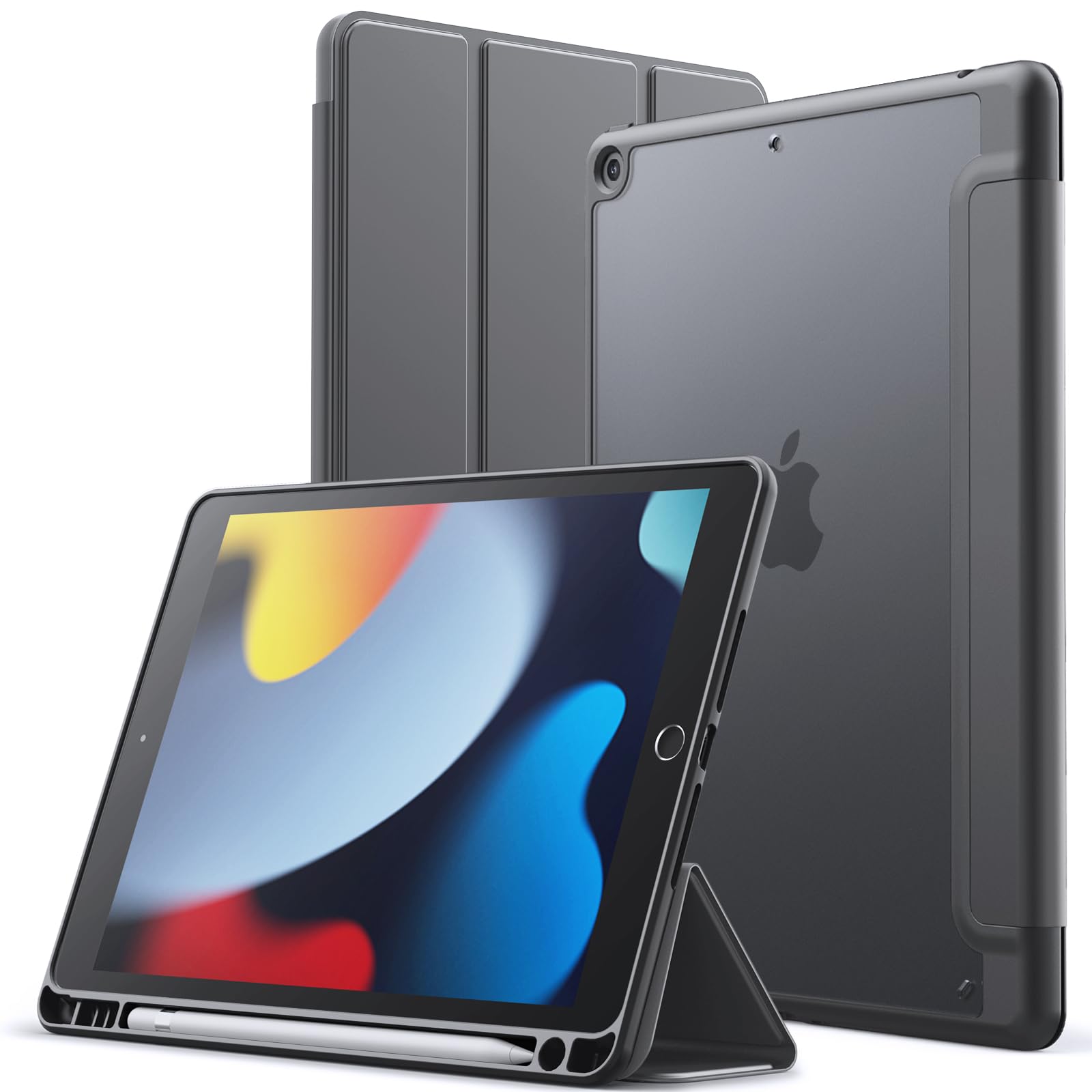 JEDirect iPad 9/8/7 マットケース（10.2インチ、 2021/2020/2019モデル、 第9/8/7世代用）Pencilホルダー つや消しの半透明の背面 薄型 スタンド 保護 タブレットカバー (スペースグレイ)