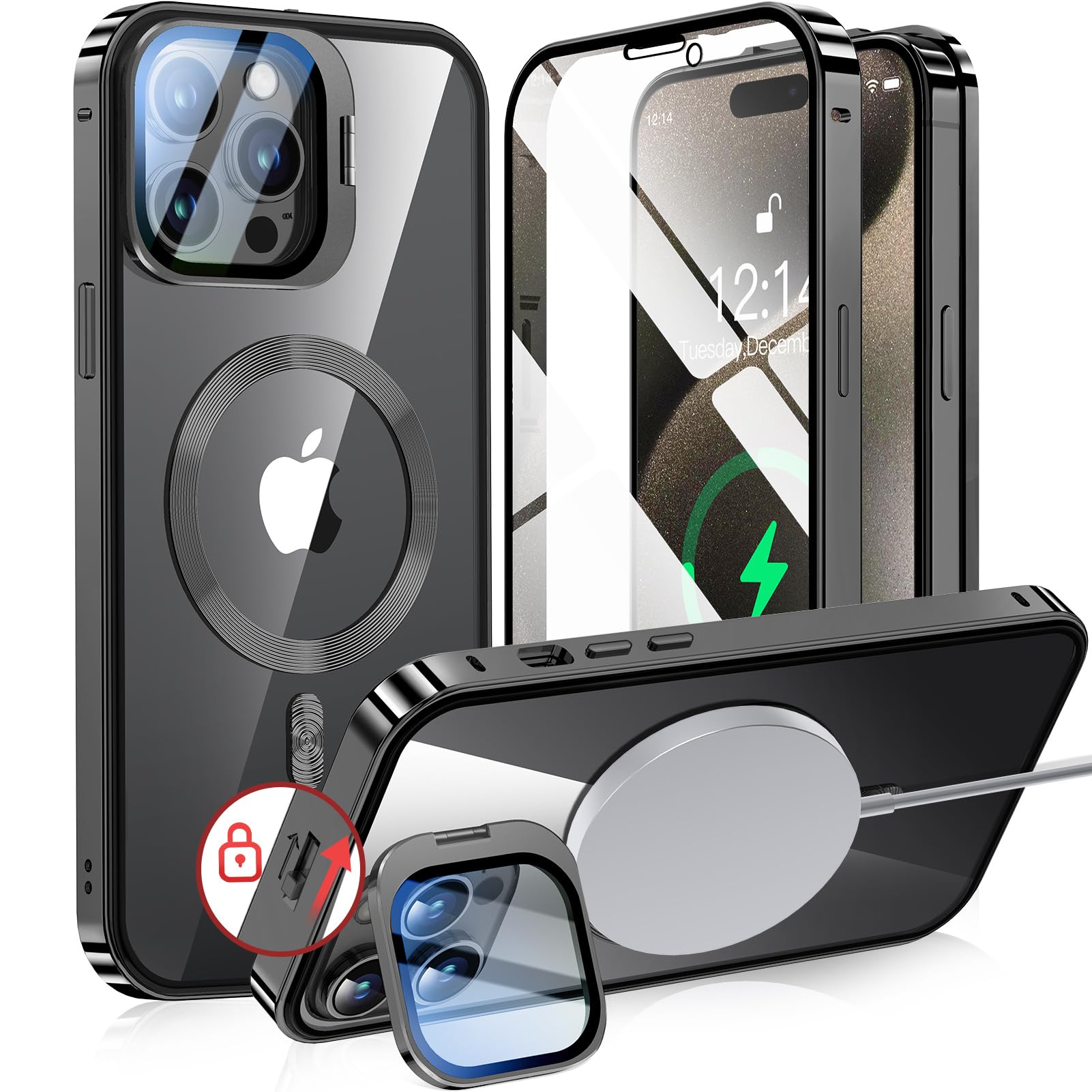 【カメラレンズ保護・スタンド一体】NIANGUO iPhone15 Pro 用 ケース MagSafe対応 クリア 両面 【ロック付き・アクションボタン】 隠しカメラスタンド アイホン15プロケース 9H強化ガラス メタルフレーム ストラップホール付き 画面感度良い ワイヤレス充電対応 アイフォ