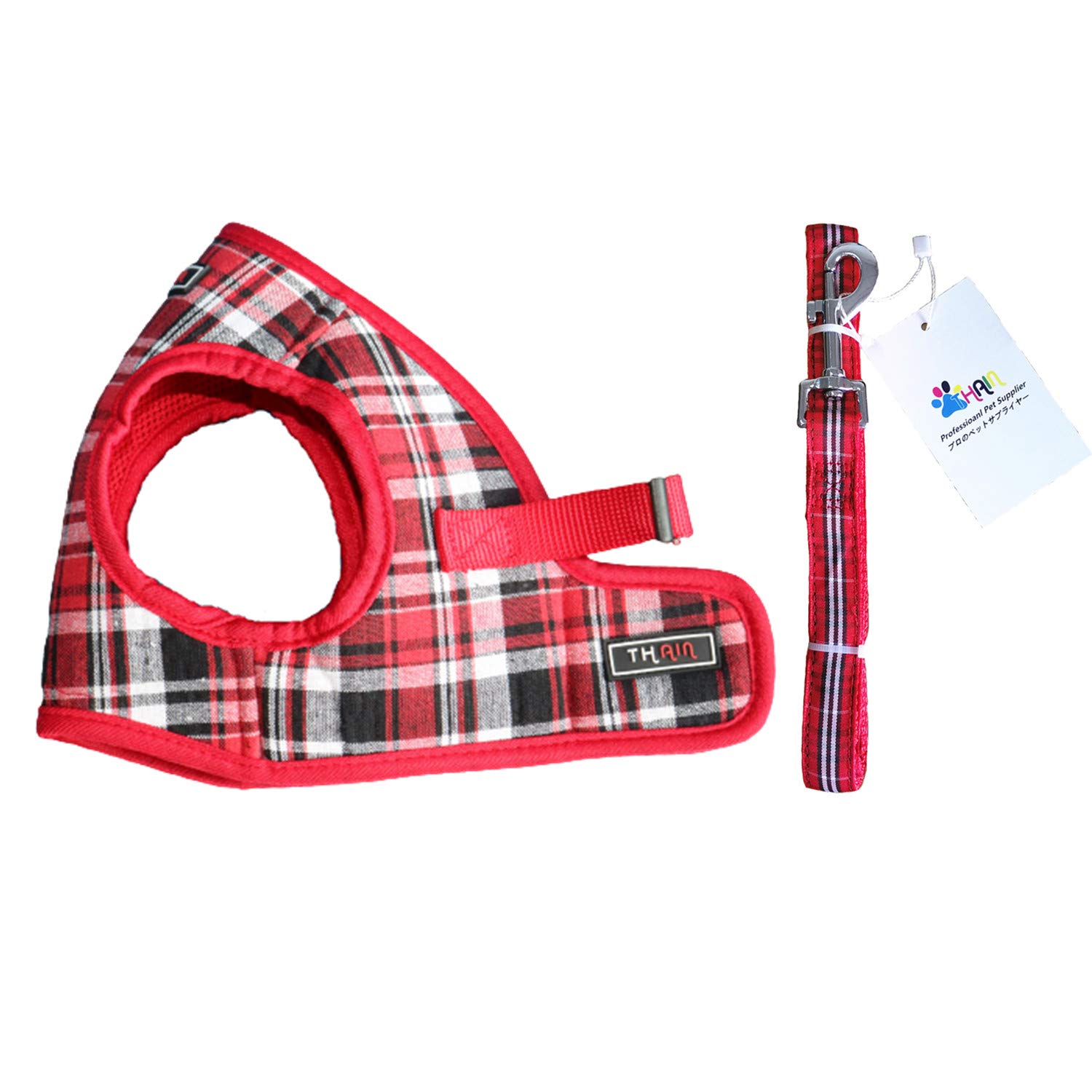 THAINハーネス・リード1.5-3kgs 超小型犬 ハーネス リードセット チェック 胴輪 メッシュ 犬 ハーネス 人気 格子縞 ハーネス 猫 ドッグハーネス(S レッド)