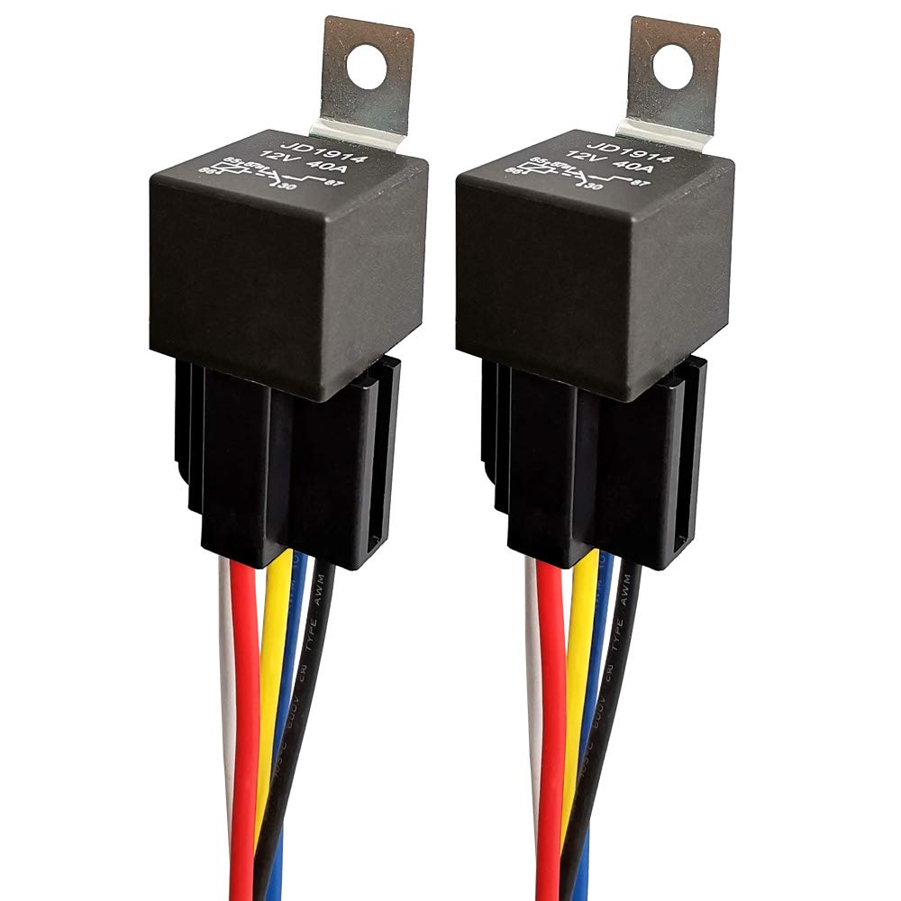 Kiligen 車 モーター用 12V 40A ヘビーデューティ リレー 5Pin ヒューズ On/Off SPDT 12AWG ハーネスソケット 黒 (2個)