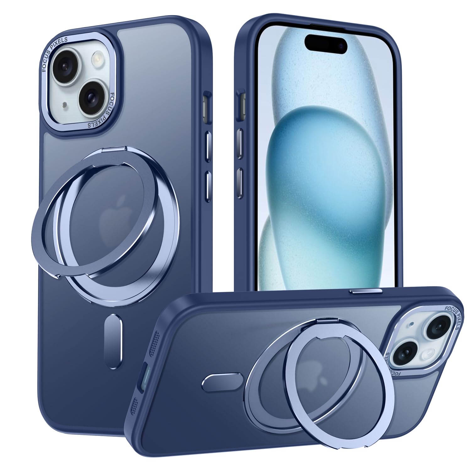 iPhone 14 適用 ケース Magsafe対応 アイフォン14 カバー 360°回転スタンド Uovon スマホケース アイホン 14 携帯ケース ワイヤレス充電 車載ホルダー 対応 ストラップ穴付き 半透明 指紋防止 黄?防止 ・ ブルー