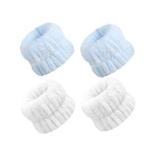 Anboli 手首 タオル リストバンド ふわふわ ウォッシュバンド おしゃれ 手首 バンド 洗顔用 タオルリスト 伸縮性 2ペア入り 吸水性 速乾 柔らかい かわいい 袖濡れ防止 防水 汗対策用 汗止めバンド 吸水 多機能 子供 家事 男女兼用 (ブルーとホワイト)