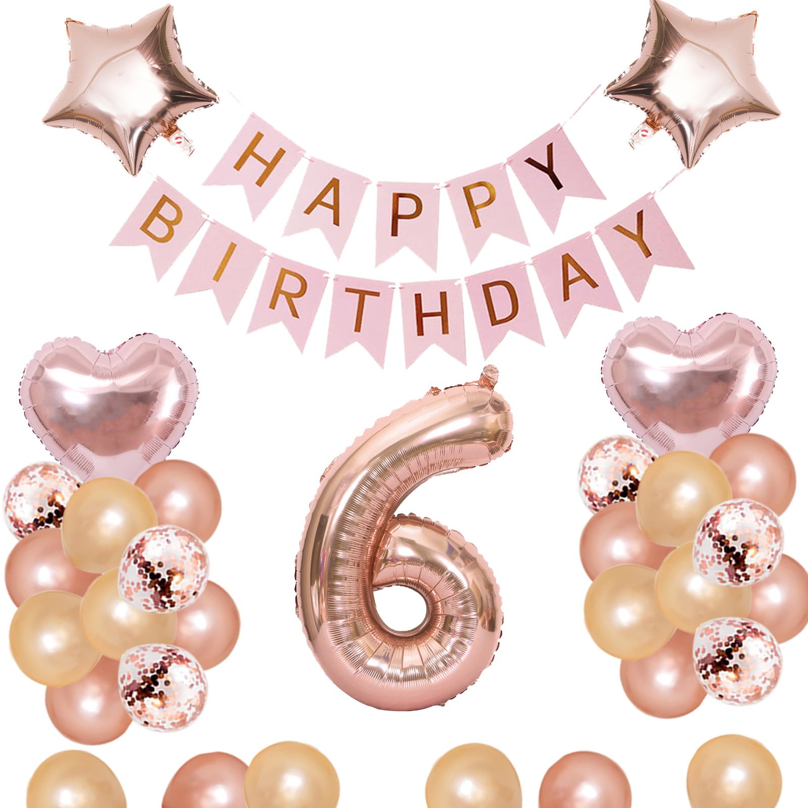 6歳 誕生日 バルーン 風船 飾り付け セット 数字バルーン 6 HAPPY BIRTHDAYガーランド ハート風船 紙吹雪風船 バースデーバルーン 大人 女の子 ローズピンク
