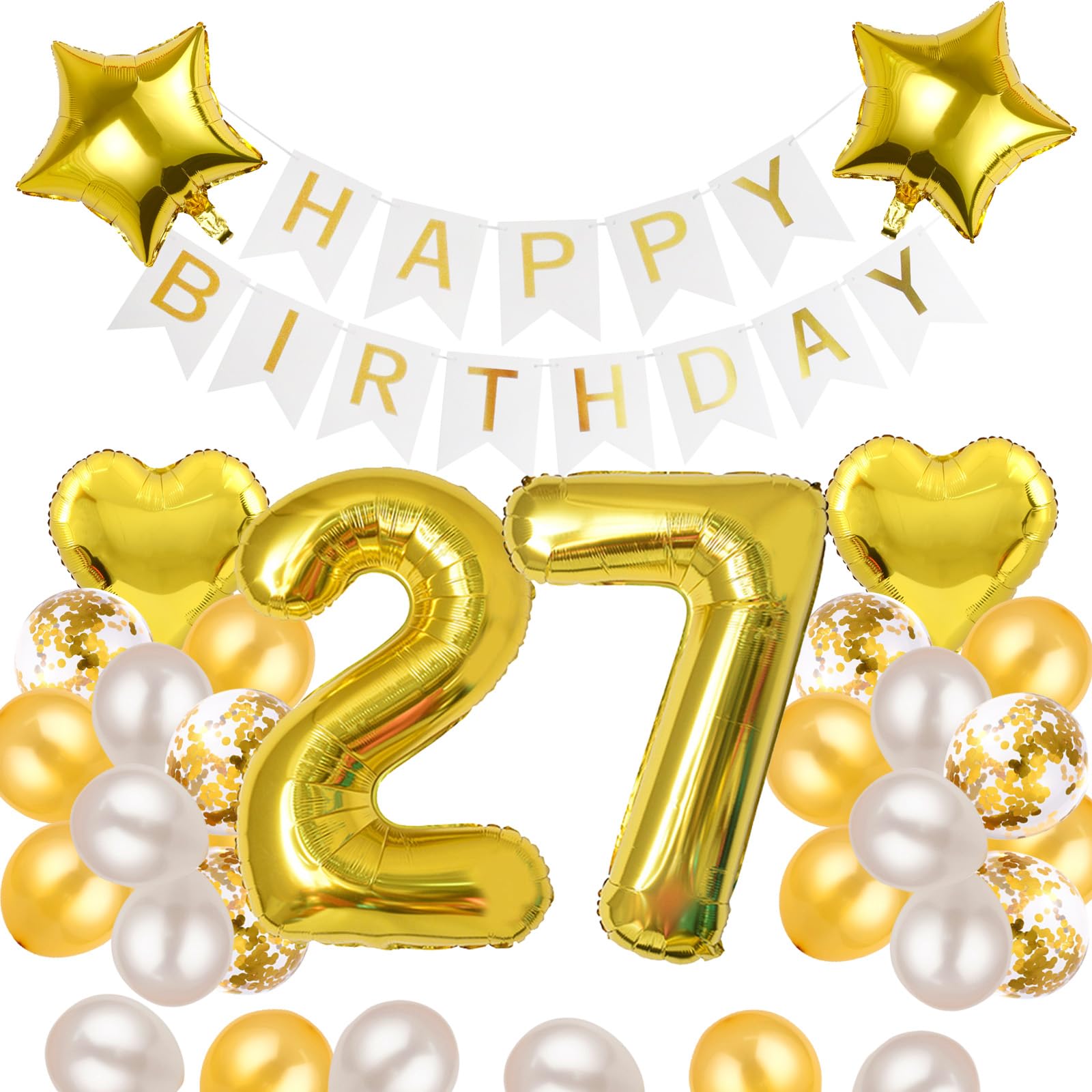 27歳 誕生日 バルーン 風船 飾り付け セット 数字バルーン 27 HAPPY BIRTHDAYガーランド ハート風船 紙吹雪風船 バースデーバルーン 大人 男の子 女の子 ゴールド