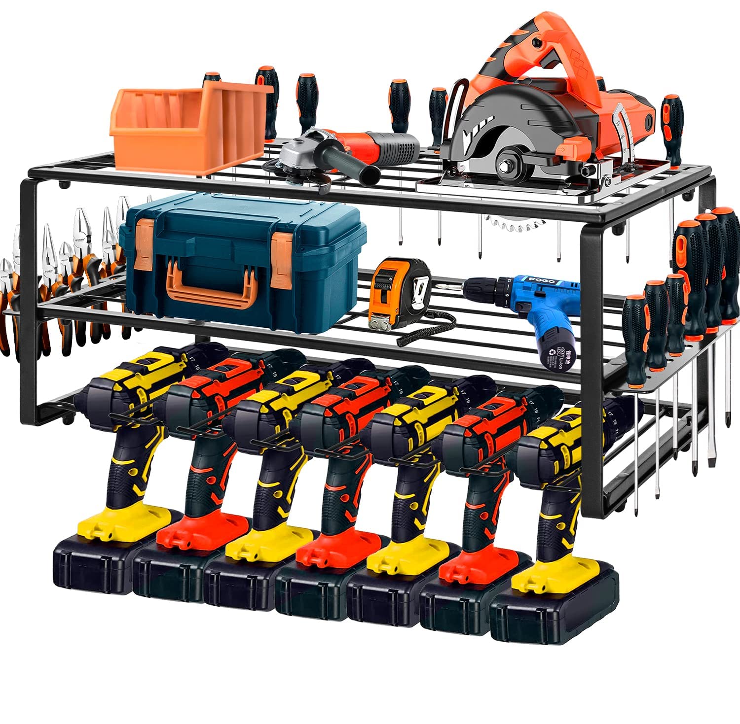 Rxakuded 壁マウントスタイルツールストレージ パワーツールドリル用 多機能 ドリル ツールシェルフ ツールストレージ 長さ66CM幅20CM高さ19CM 3段 鉄