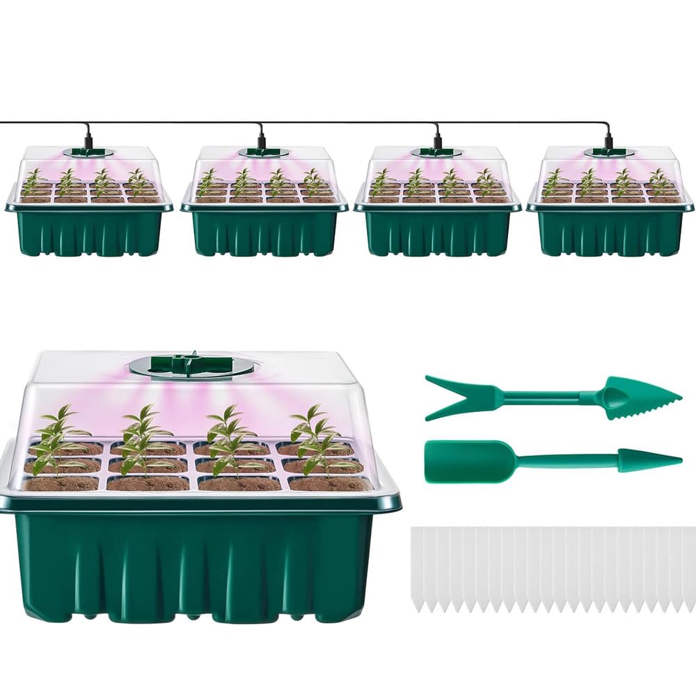 【5セット】 育苗ポット LEDライト付き 植物育成ライト付き 育苗トレイ 12穴育苗 ホワイトラベル10個+移植ツール2個 園芸用品 種まきハウス 種まき器 透明カバー 育苗ボックス 野菜栽培 苗トレーに適しています