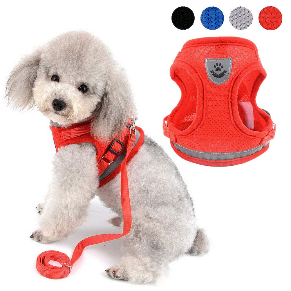 ZUNEA 犬用 ハーネス 小型犬 猫用 ハーネス リード セット 子犬 メッシュ 胴輪 通気性 反射テープ 安全 軽量 ベスト 調節可能 簡単着脱 散歩 訓練 お出掛 4色5サイズ レッド XL