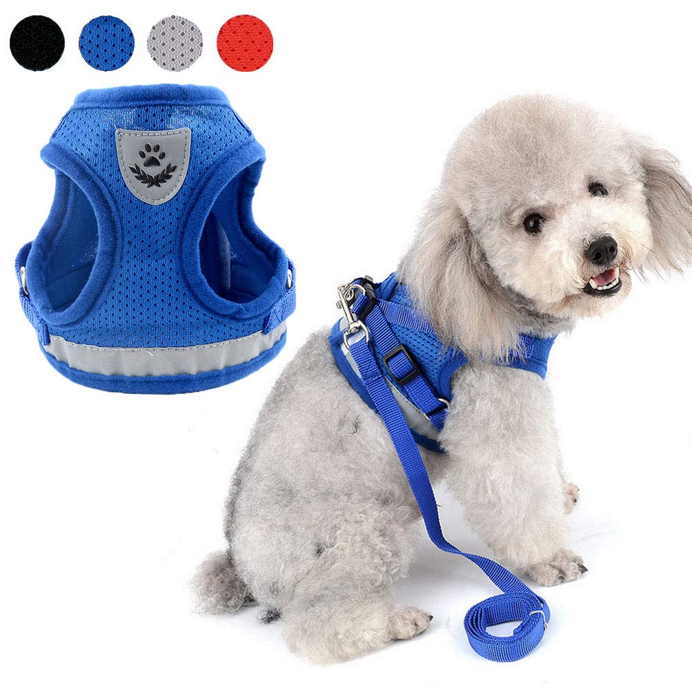 ZUNEA 犬用 ハーネス 小型犬 猫用 ハーネス リード セット 子犬 メッシュ 胴輪 通気性 反射テープ 安全 軽量 ベスト 調節可能 簡単着脱 散歩 訓練 お出掛 4色5サイズ ブルー XL
