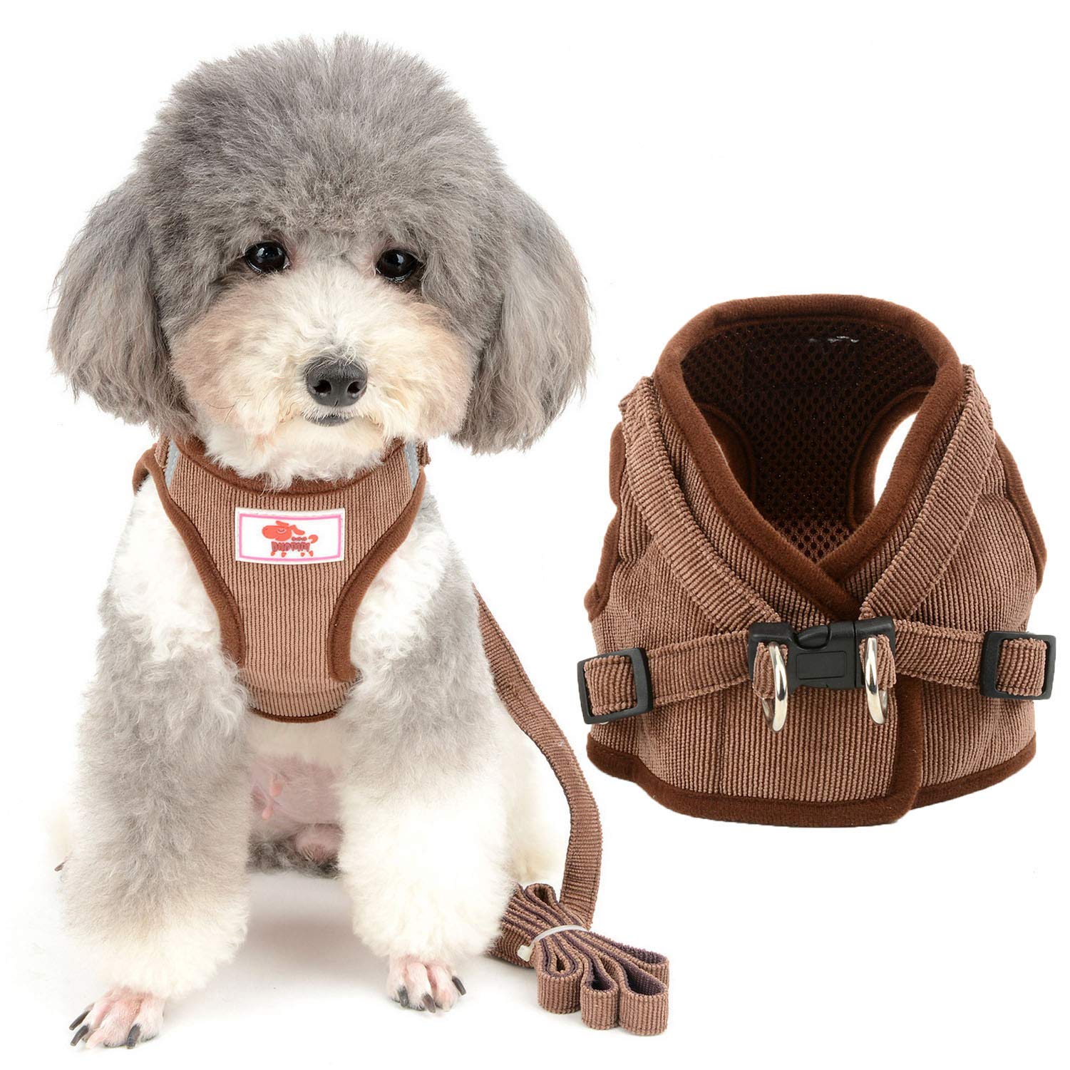 ZUNEA ペット 犬用ハーネス 胴輪 小型犬 猫用 ソフト メッシュ ベスト ハーネス リードセット おしゃれ 可愛い 通気性 首輪 反射テープ 安全 調節可能 簡単着脱 しつけ 散歩用 4色5サイズ ブラウン XS