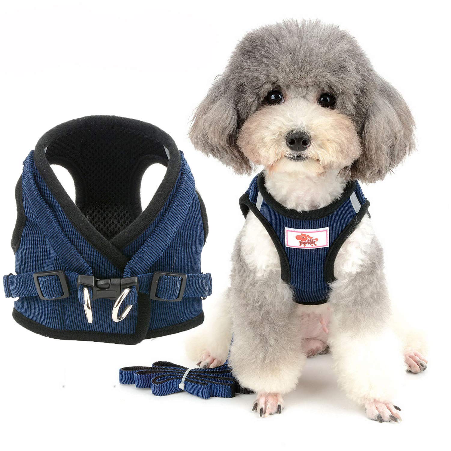 ZUNEA ペット 犬用ハーネス 胴輪 小型犬 猫用 ソフト メッシュ ベスト ハーネス リードセット おしゃれ 可愛い 通気性 首輪 反射テープ 安全 調節可能 簡単着脱 しつけ 散歩用 4色5サイズ ブルー L