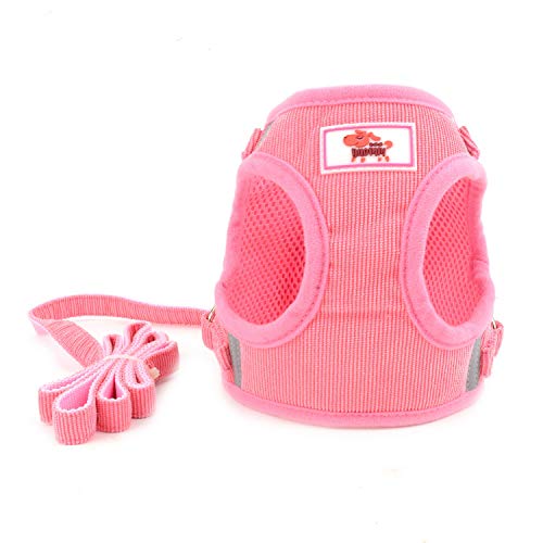 ZUNEA ペット 犬用ハーネス 胴輪 小型犬 猫用 ソフト メッシュ ベスト ハーネス リードセット おしゃれ 可愛い 通気性 首輪 反射テープ 安全 調節可能 簡単着脱 しつけ 散歩用 4色5サイズ ピンク XL