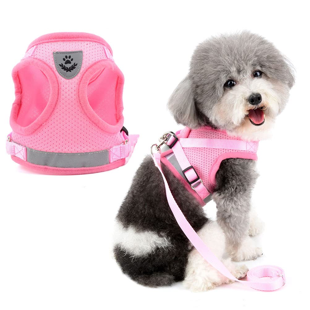 ZUNEA 犬用 ハーネス 小型犬 猫用 ハーネス リード セット 子犬 メッシュ 胴輪 通気性 反射テープ 安全 軽量 ベスト 調節可能 簡単着脱 散歩 訓練 お出掛 4色5サイズ (S, ピンク)