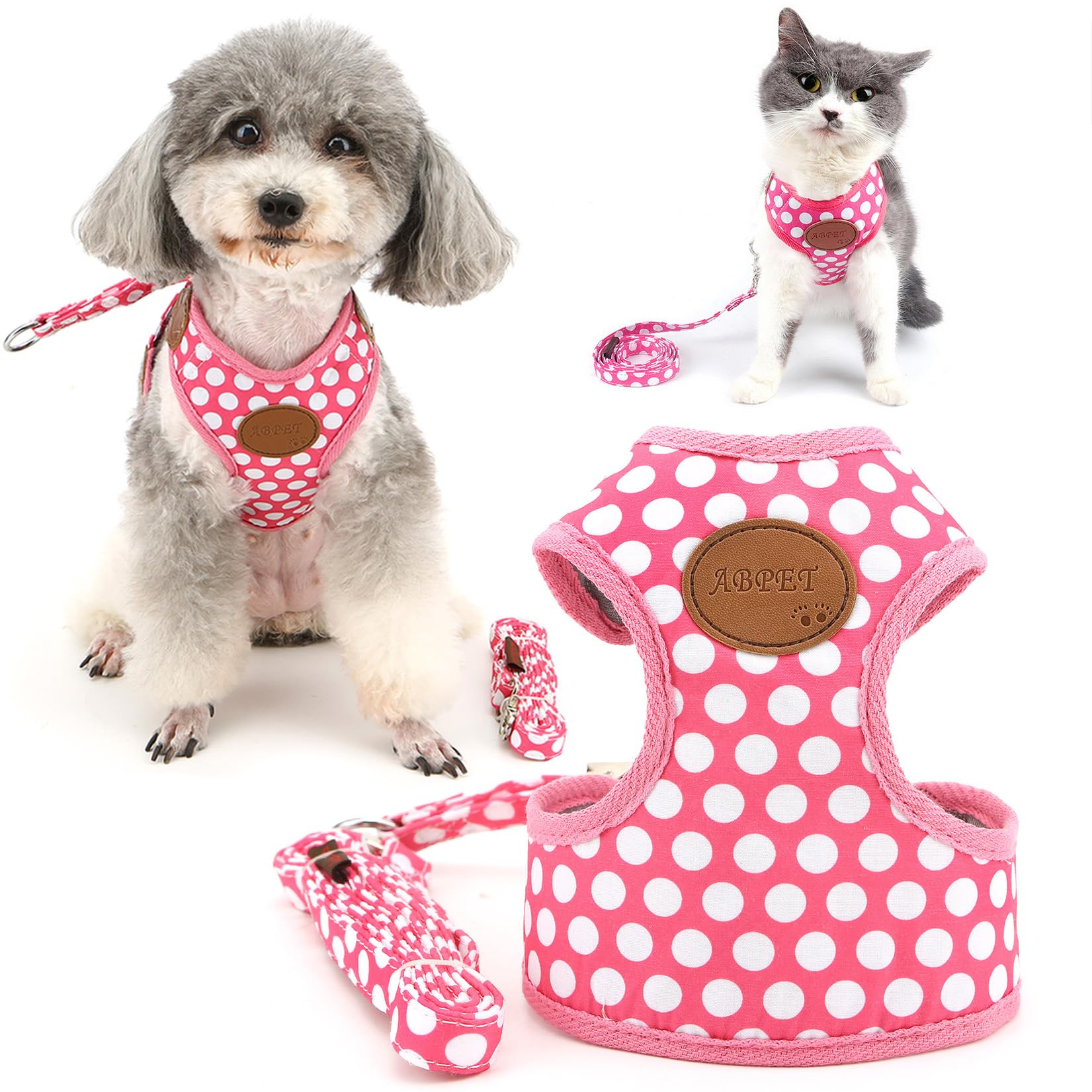 ZUNEA 犬用 ハーネス リード セット 小型犬用 可愛い 水玉柄 ベストハーネス 通気性 メッシュ 胴輪 チワワ用 引っ張り防止 調節可能 ペット用品 おしゃれ かわいい ドッグウェア ハーネス お散歩 ピンク M