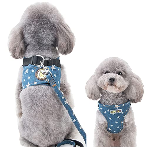 Tengcong 犬ハーネス 猫ハーネス リード セット ペット用品 デニム ペット 犬用 ハーネス 胴輪 中小型犬 猫 ペット ハーネス 犬猫用 ソフト メッシュ ベスト ハーネス リードセット (S, ブルー)