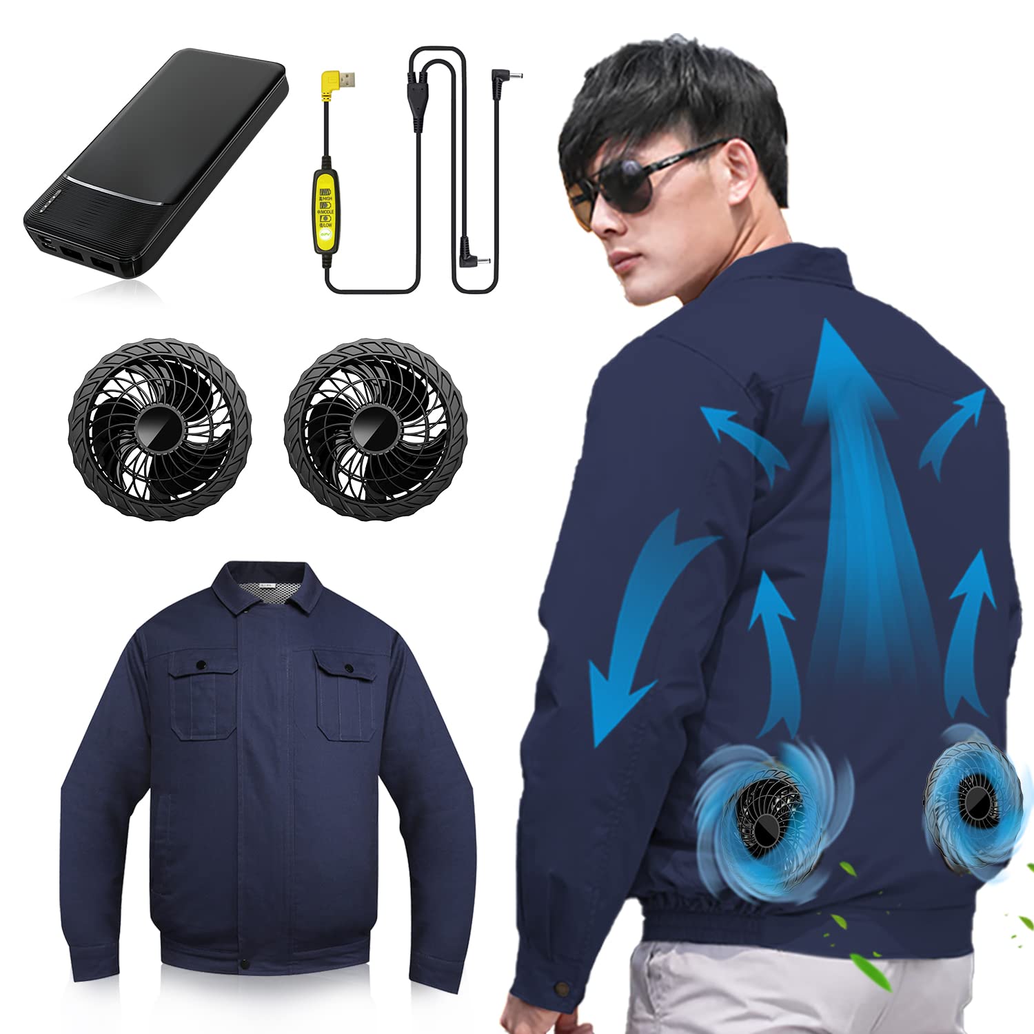 [KLIFE] 空調作業服 ファン付き 30000mAh大容量バッテリー 長袖 3D循環送風 3段階風量調節 通気 サイズ調節可 長時間稼働 UVカット PSE認証済 作業着 ファンバッテリーセット 猛暑対策 男女兼用 (L/XL, ブルー)