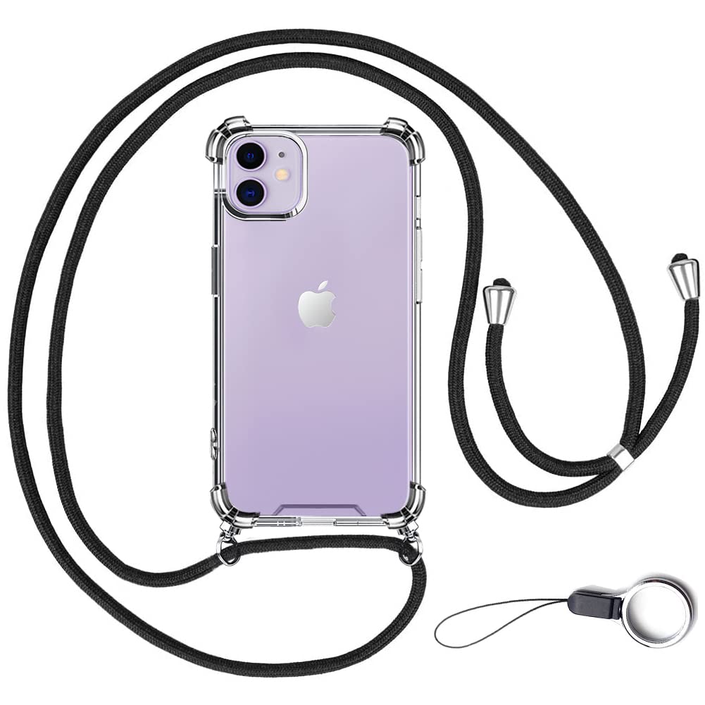 OJBSEN iPhone11ケース あいふぉん11ケース [ストラップ2種付き] 調節可能な ショルダー 肩がけ 首掛け 紐付き 斜めがけ 薄型 透明 シリコン TPU 軽量 バンパー アイフォン11 カバー ストラップホール付き [耐衝撃 全面保護 米軍MIL規格 防指紋] MagSafe ワイヤレス充電