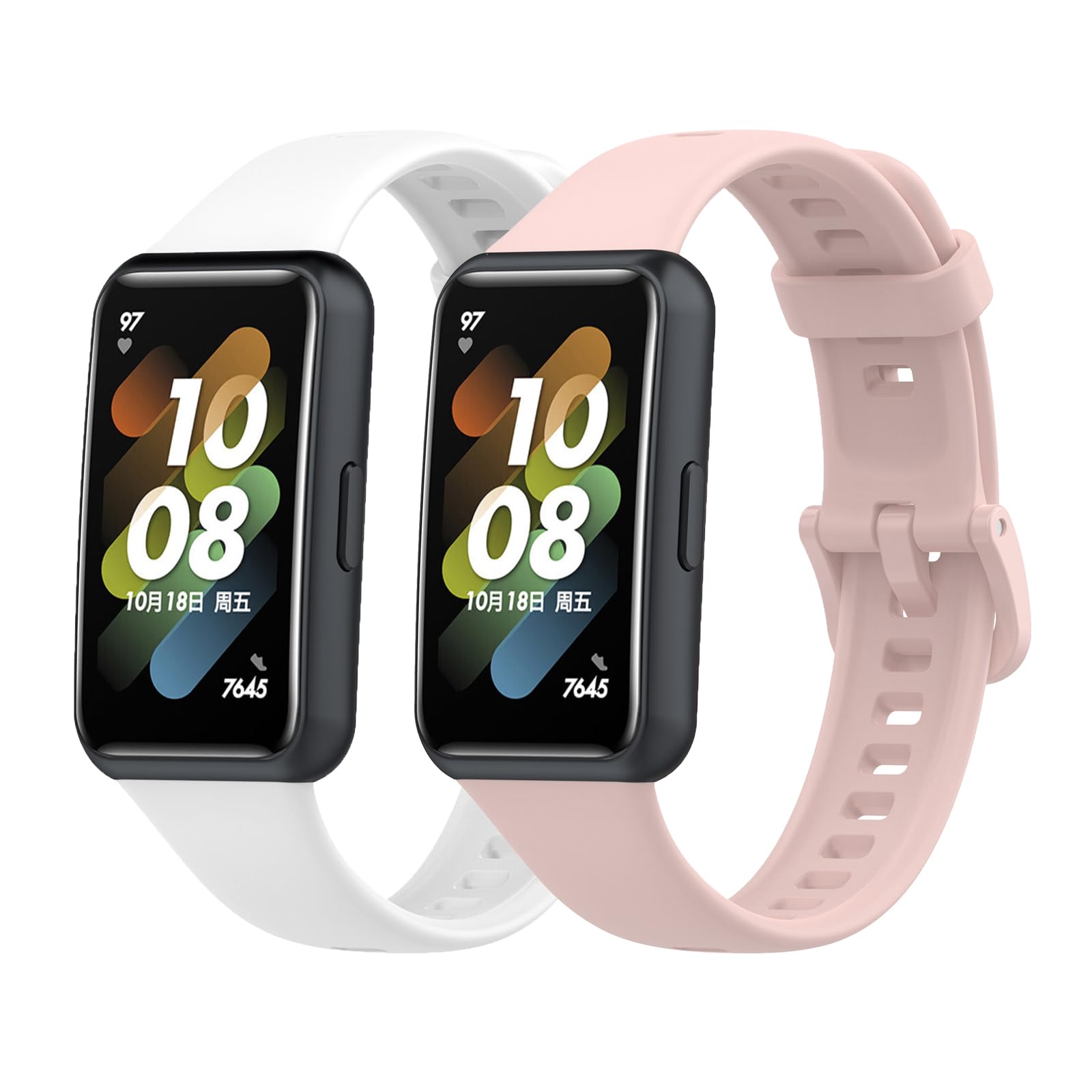Sitengle Huawei band7対応交換バンド 2本セット ファーウェイ バンド7替えバンド 柔らかい band7用ベルト シンプル 通気 調節可能 軽量(ピンク+ホワイト)