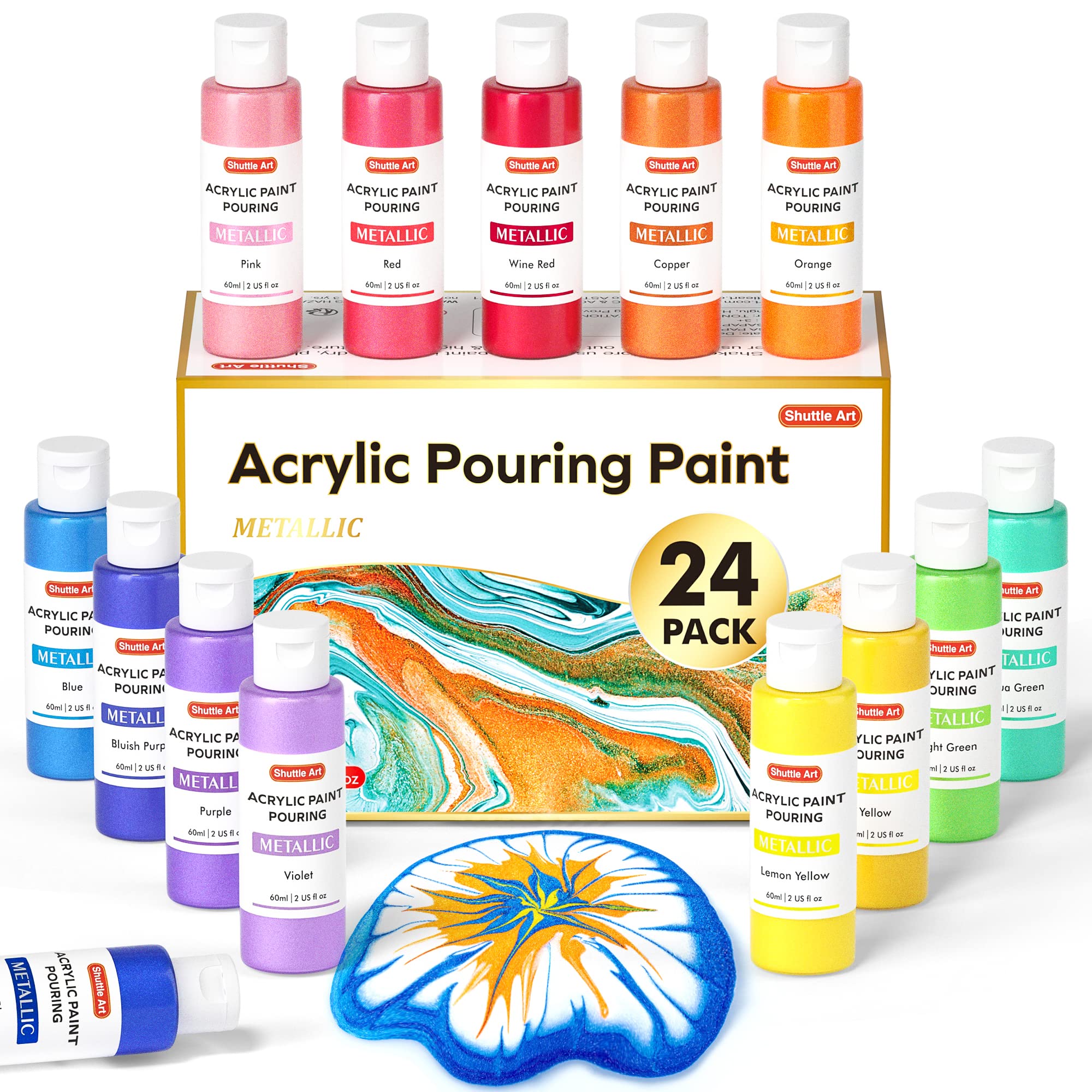 Shuttle Art アクリル絵の具 ポーリングアート絵の具 23色セット メタリックカラー キラキラ 60ml シリコンオイル付き フルイドアート 注ぐアー...