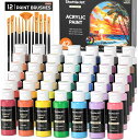 Shuttle Art アクリル絵の具 42色セット 筆12本付き 絵の具セット 大容量 60ml 速乾 耐水 耐久 伸びがいい 鮮やか メタリック ボトル イ...