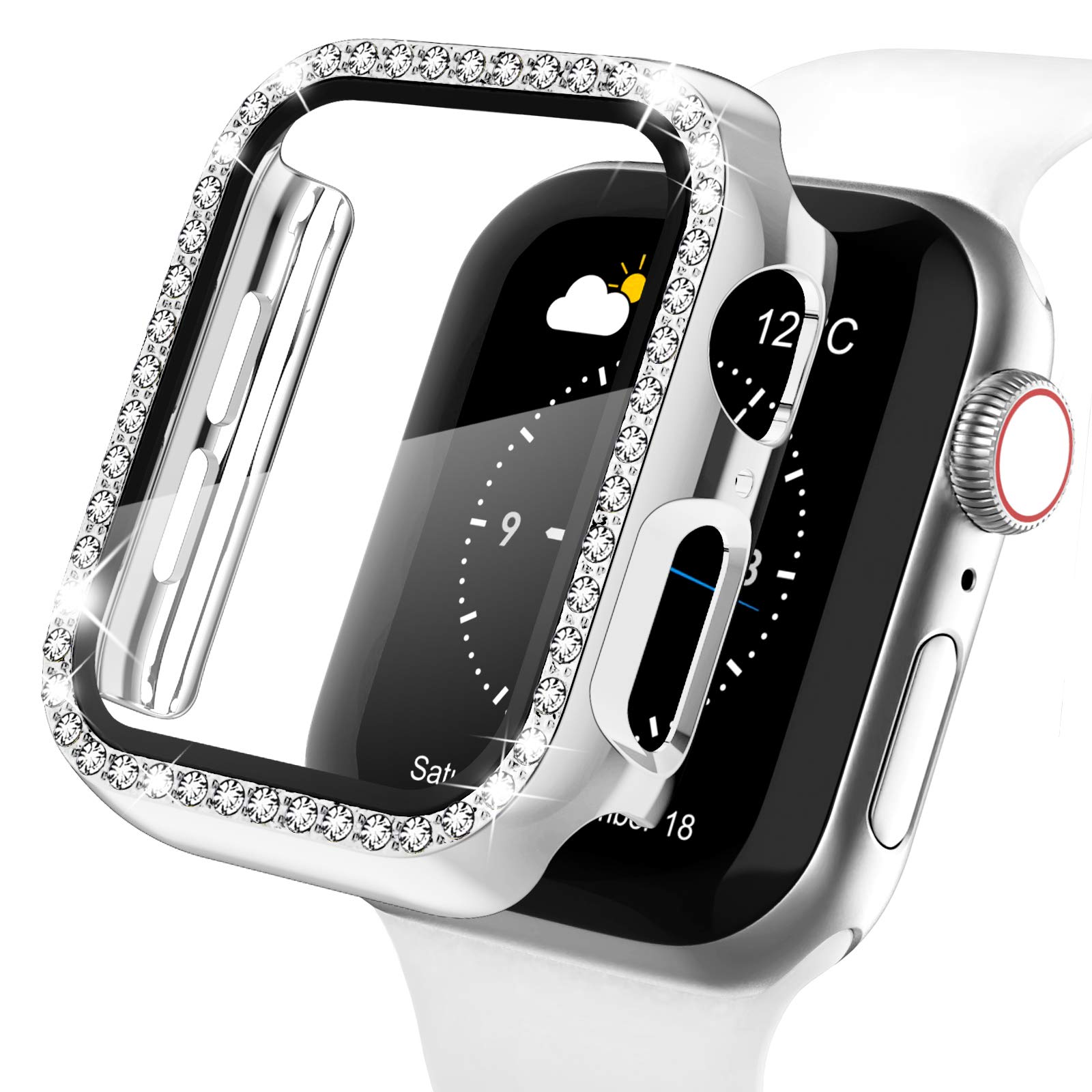 【キラキラカバー】WASPO コンパチブル iWatchケース 44mm 保護フィルム付き クリスタルダイヤ付き アップルウォッチカバー 女性専用 全面保護ケース(44mm Series se/6/5/4,シルバー)